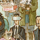 A segment of "Helpful Keanus," a Scott C painting depicting multiple images of Keanu Reeves and dogs.